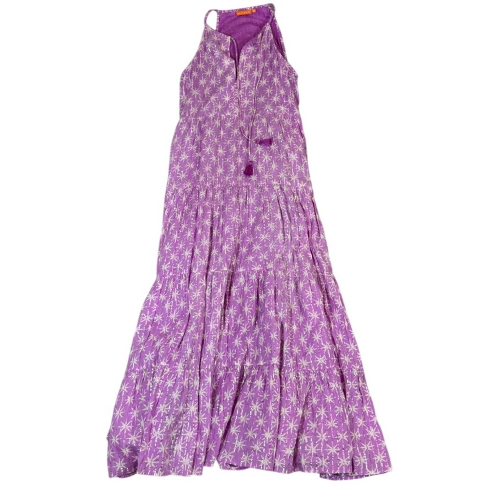 Oliphant Purple Metallic Starburst Tiered Maxi Dress Halter Tassel Size M